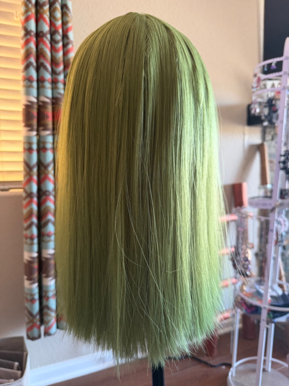 Pastel Green Wig with Bangs Straight Medium - Fantasy Cosplay Fairy Witchy Anime - Picture 2 of 4